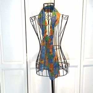 Vintage Scarf Blue Green Orange Gold Squares